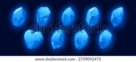 Gem set of crystal formations and diamond shapes for game UI design. Stunning gemstone icons with ice blue glow and magic effects. Cartoon jewels for slot interfaces and treasure gaming assets.