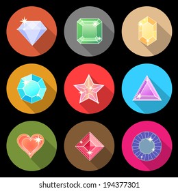Gem stone cutting flat color icons with long shadow, stock vector
