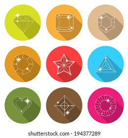 Gem stone cutting flat icons with long shadow, stock vector