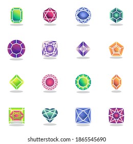 Gem stones collection, game diamonds flat icons set, Colorful symbols pack contains - gemstone shape, precious crystal. Vector illustration. Flat style design