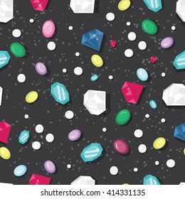 Gem stones seamless pattern with diamonds, ruby, emerald, pearls