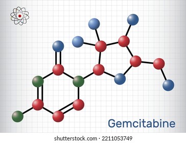Gemcitabin-Molekül. Es ist ein antineoplastisches Mittel, das bei der Behandlung von Krebs eingesetzt wird. Strukturelle chemische Formel, Molekül-Modell. Blatt Papier in einem Käfig. Vektorgrafik