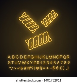 Gemelli neon light icon. Fusilli bucati, riccioli. Italian food. Spiral macaroni. Mediterranean cuisine. Type of noodles. Glowing sign with alphabet, numbers and symbols. Vector isolated illustration