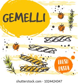 Gemelli pasta card concept design. Italian cuisine. Hand drawn doodle vector illustration. Can be used for menu, cafe, restaurant, bar, shop, poster, food studio, emblem, banner, sticker.
