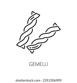 Gemelli spiral pasta type isolated outline icon. Vector italian food cuisine, twisted rods homemade noodle, floor dough product