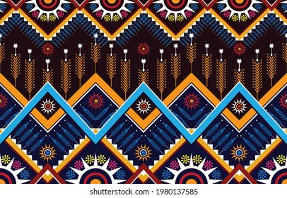 Patrón de ikat oriental étnico gemétrico tradicional Diseño para fondo, alfombra, papel pintado, ropa, envoltura, batismo, tela, iluminación vectorial, abstracto, marcado, borde,