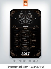 Gemini 2017 year zodiac calendar pocket size vertical layout Black color design style vector concept illustration
