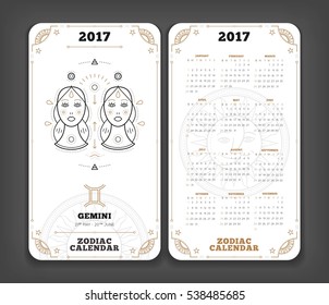 Gemini 2017 year zodiac calendar pocket size vertical layout Double side white color design style vector concept illustration