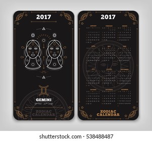 Gemini 2017 year zodiac calendar pocket size vertical layout Double side white color design style vector concept illustration.