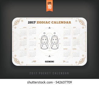 Gemini 2017 year zodiac calendar pocket size horizontal layout White color design style vector concept illustration