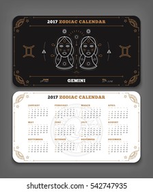 Gemini 2017 year zodiac calendar pocket size horizontal layout Double side white color design style vector concept illustration
