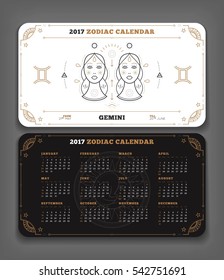 Gemini 2017 year zodiac calendar pocket size horizontal layout Double side white color design style vector concept illustration