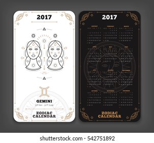 Gemini 2017 year zodiac calendar pocket size vertical layout Double side white color design style vector concept illustration