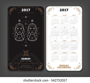 Gemini 2017 year zodiac calendar pocket size vertical layout Double side white color design style vector concept illustration