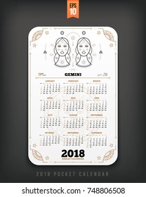 Gemini 2018 year zodiac calendar pocket size vertical layout White color design style vector concept illustration.