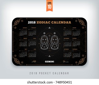 Gemini 2018 year zodiac calendar pocket size horizontal layout Black color design style vector concept illustration.