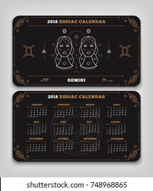 Gemini 2018 year zodiac calendar pocket size horizontal layout Double side black color design style vector concept illustration