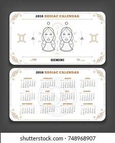 Gemini 2018 year zodiac calendar pocket size horizontal layout Double side white color design style vector concept illustration