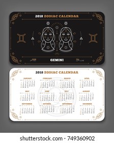 Gemini 2018 year zodiac calendar pocket size horizontal layout Double side black and white color design style vector concept illustration