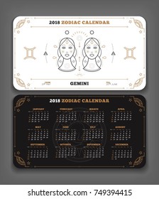 Gemini 2018 year zodiac calendar pocket size horizontal layout Double side black and white color design style vector concept illustration