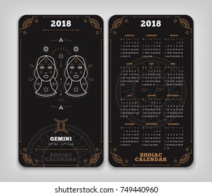 Gemini 2018 year zodiac calendar pocket size vertical layout Double side black color design style vector concept illustration