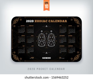 Gemini 2020 year zodiac calendar pocket size horizontal layout black color design style vector concept illustration