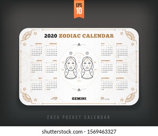 Gemini 2020 year zodiac calendar pocket size horizontal layout White color design style vector concept illustration