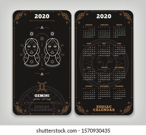 Gemini 2020 year zodiac calendar pocket size vertical layout Double side black color design style vector concept illustration