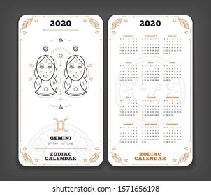 Gemini 2020 year zodiac calendar pocket size vertical layout Double side white color design style vector concept illustration