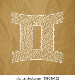 Gemini, 21 May - 20 June. HOROSCOPE SIGNS OF THE ZODIAC - White Scribble on a crumpled paper brown background.
