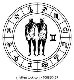 Gemini in astrological circle black vector illustration isolated on a white background