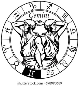 gemini astrological horoscope sign in the zodiac wheel. Black and white vector illustration