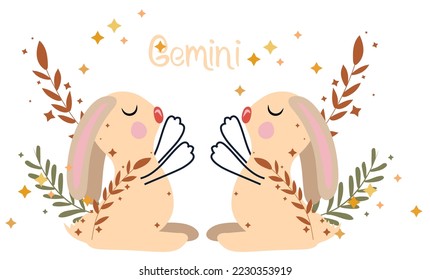 Gemini astrological sign. Cute Zodiac sign with colorful leaves and stars around. Cute Gemini perfect for posters, logo, cards. Vector illustration.