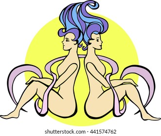 Gemini astrological sign. Hand drawn illustration of twins. Sun background.