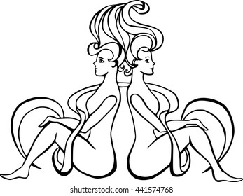 Gemini astrological sign. Hand drawn illustration of twins. Sun background.