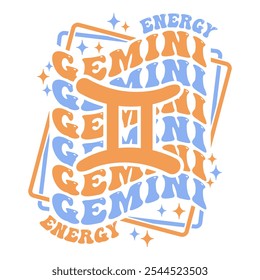 Gemini astrological sign. Retro wavy text zodiac design.