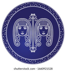 Gemini astrological sign of two twin girls. Astrology and horoscope, zodiac symbol of mythological Castor and Pollux. May and june ruling months. Isolated decorative circular icon, vector in flat