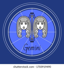 Gemini astrological sign of two twin girls. Astrology and horoscope, zodiac symbol of mythological Castor and Pollux. May and june ruling months. Isolated decorative circular icon, vector in flat