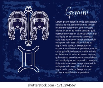 Gemini astrological sign of two twin girls. Astrology and horoscope, zodiac symbol of mythological Castor and Pollux. May and june ruling months. Isolated decorative circular icon, vector in flat