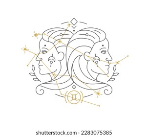 Gemini astrological symbol with Zodiac constellation, connected stars. Twins astrology horoscope sign and stars on white background thin line vector illustration