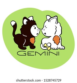 Gemini Astrological Zodiac sign with cute cat character. Cat zodiac icon. Kitten Gemini sticker. Baby shower or birthday greeting card. Astrological horoscope element. Gemini icon or logo isolated