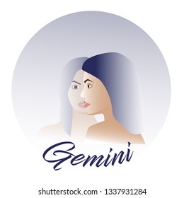 Gemini astrological zodiac sign vector illustration. Logo emblem with twins flat concept horoscope air element. Creative art design for web and print. Two beautiful girls isolated on white