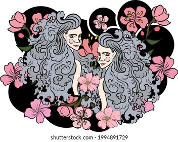 Gemini of Astrology design.horoscope circle with signs of zodiac set vector.signs such as a aries, taurus, gemini, cancer, leo, virgo, libra, scorpio, sagittarius, capricorn,aquarius, pisces.Women.