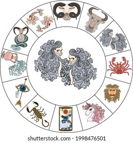 Gemini of Astrology design.horoscope circle with signs of zodiac set vector.signs such as a aries, taurus, gemini, cancer, leo, virgo, libra, scorpio, sagittarius, capricorn,aquarius, pisces.Women.