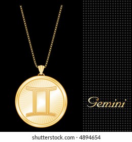 Gemini Astrology Medallion Necklace.  Engraved zodiac icon, with gold chain, for the horoscope Air Sign Gemini, with textured black background.  EPS8 compatible.