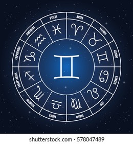 Gemini astrology sing in zodiac circle on the background of starry sky, set of astrology sings