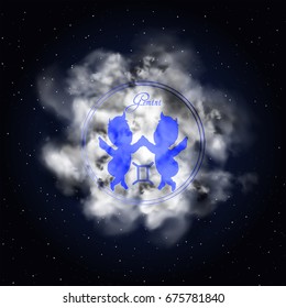 Gemini Astrology zodiac constellation on smoke against a background of a sky full of stars.