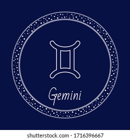 Gemini astrology zodiac sign isolated on blue in circle with stars. Vector illustration of constellation of Gemini, sun transits this sign between about May 21 and June 21. Twins symbol outline icon