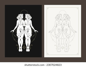Gemini astrology zodiac symbol antique woman goddess esoteric line art deco poster design set vector illustration. Female twins horoscope astrological constellation lunar calendar fortune prediction