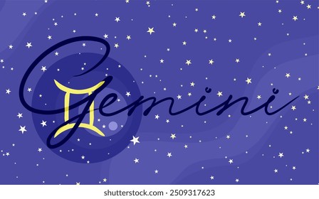 Gemini. Beautiful inscription. Zodiac sign. On a dark blue starry background. Astrology and horoscopes concept. Vector illustration.